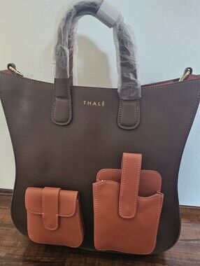 Thale Blanc Mini Gisele Leather Tote Bag Brown Orange Two Pocket NWT